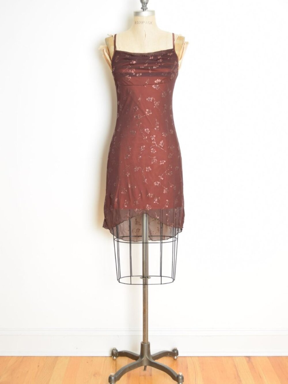 vintage Y2K party dress brown mesh glitter print fairy whimsigoth slip XS S